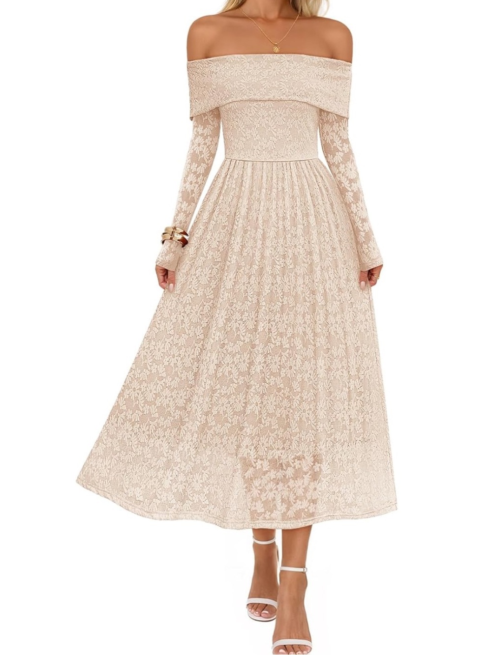 MEROKEETY Women's Long Sleeve Floral Midi Dress Off Shoulder- Apricot. Size L